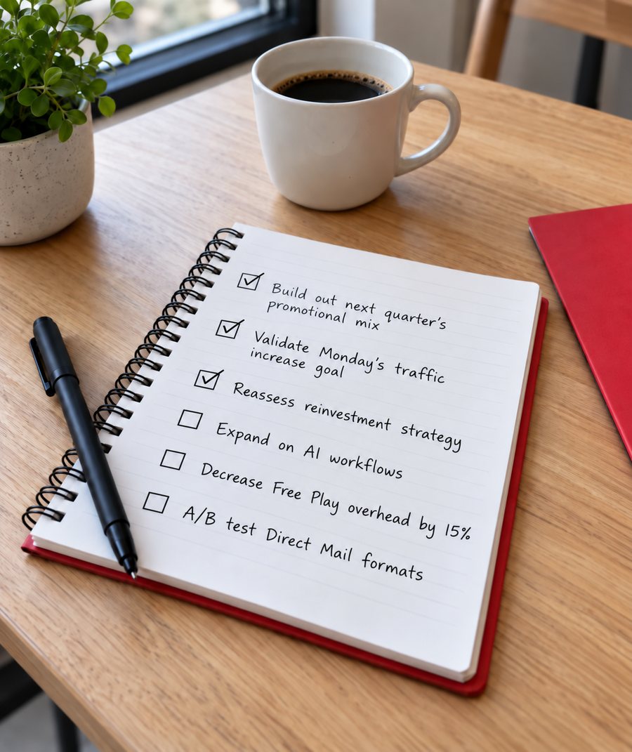 A working notepad on a desk, listing next quarter's promotional mix, a traffic goal, a reinvestment review, AI workflows, free play overhead and a direct mail test